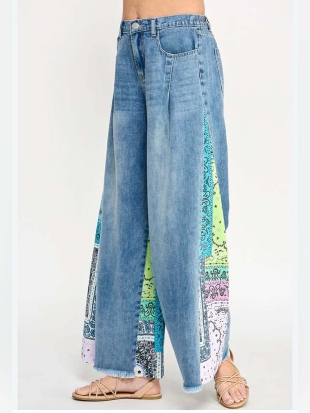Wide-Leg Light Blue Denim Jeans with Multicolor Bandana Inset